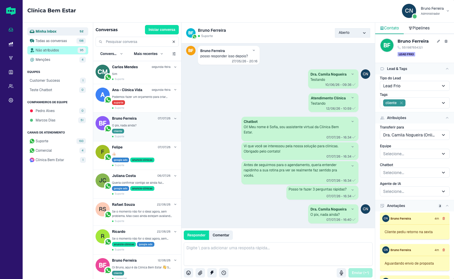 Caixa de entrada do ChatLead com conversas de WhatsApp, Instagram e Facebook